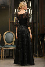Charmante robe de soirée noire à manches mi-longues en tulle et paillettes, robe de bal Aline des années 20