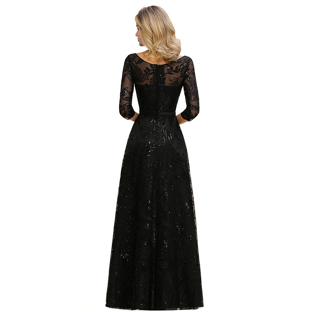 Charmante robe de soirée noire à manches mi-longues en tulle et paillettes, robe de bal Aline des années 20