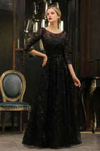 Charmante robe de soirée noire à manches mi-longues en tulle et paillettes, robe de bal Aline des années 20
