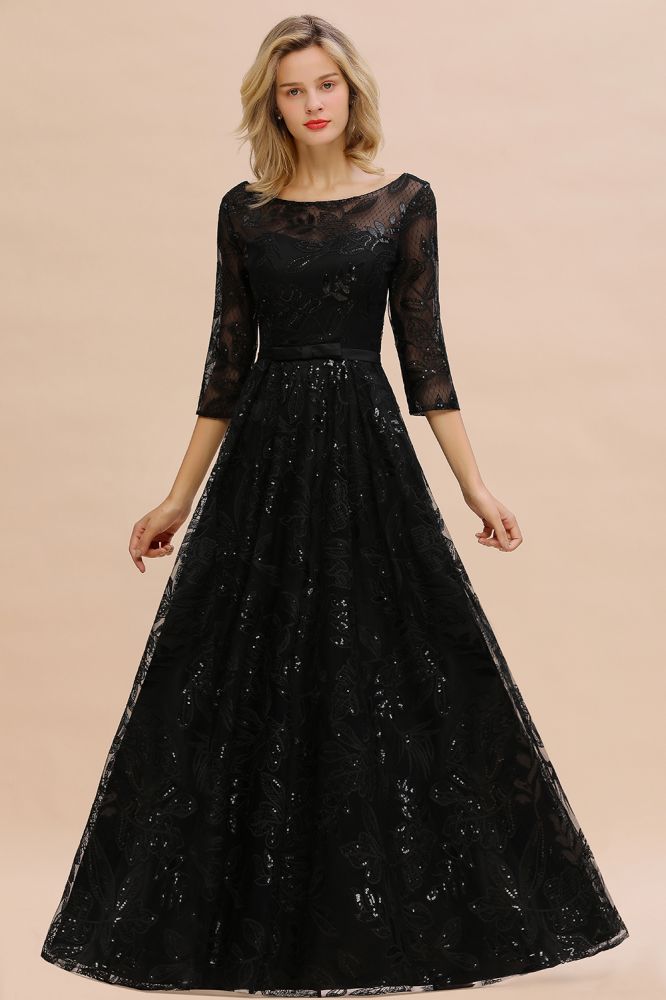 Charmante robe de soirée noire à manches mi-longues en tulle et paillettes, robe de bal Aline des années 20