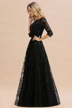 Charmante robe de soirée noire à manches mi-longues en tulle et paillettes, robe de bal Aline des années 20