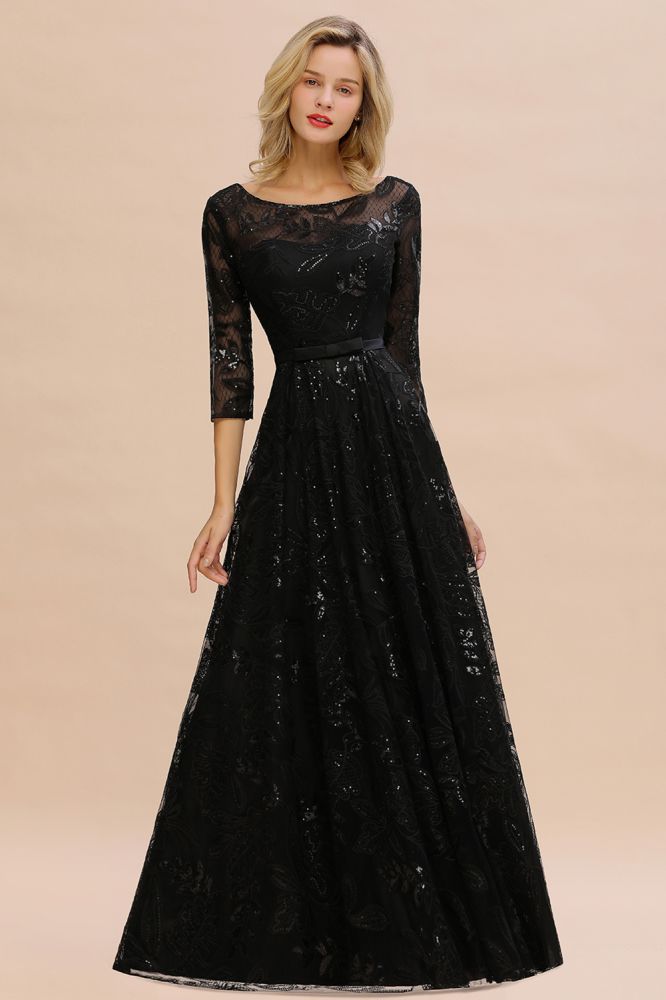 Charmante robe de soirée noire à manches mi-longues en tulle et paillettes, robe de bal Aline des années 20