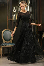 Charmante robe de soirée noire à manches mi-longues en tulle et paillettes, robe de bal Aline des années 20