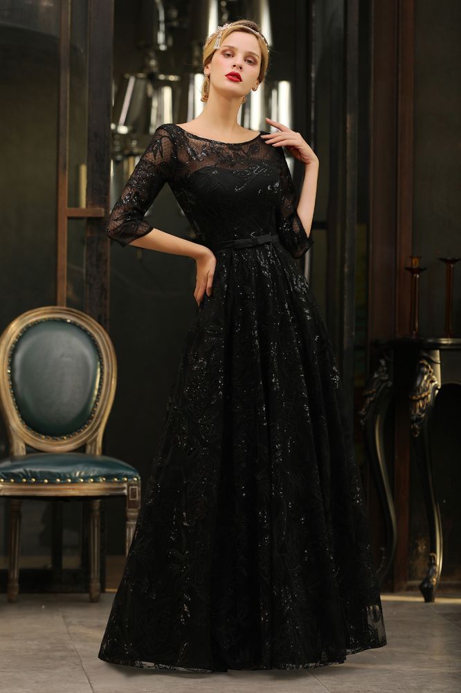 Charmante robe de soirée noire à manches mi-longues en tulle et paillettes, robe de bal Aline des années 20