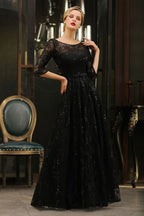 Charmante robe de soirée noire à manches mi-longues en tulle et paillettes, robe de bal Aline des années 20