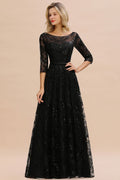 Charmante robe de soirée noire à manches mi-longues en tulle et paillettes, robe de bal Aline des années 20