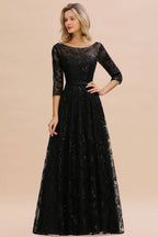 Charmante robe de soirée noire à manches mi-longues en tulle et paillettes, robe de bal Aline des années 20
