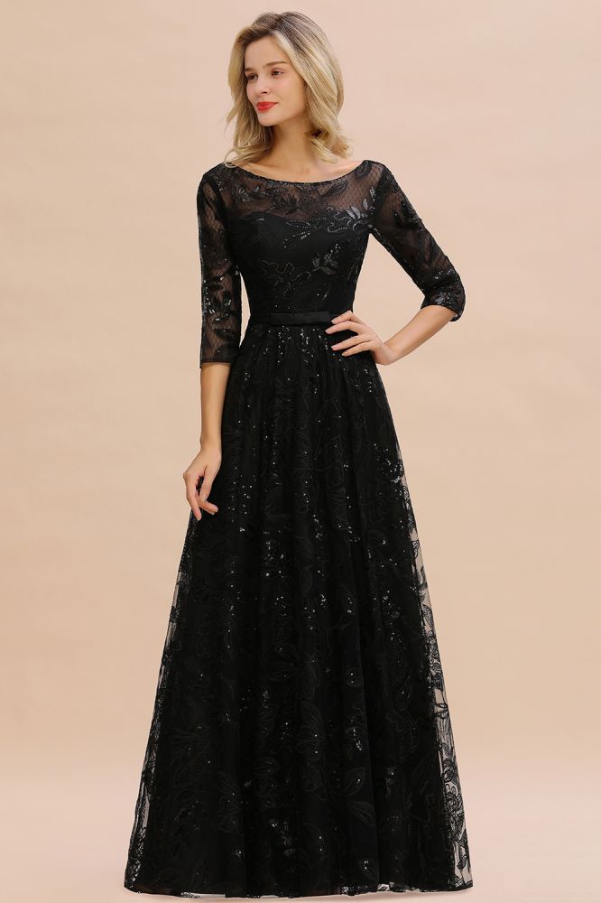 Charmante robe de soirée noire à manches mi-longues en tulle et paillettes, robe de bal Aline des années 20