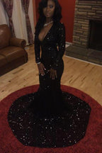 Charming Black Sequins Long Sleeves Deep-V-Neck Alluring Prom Dresses
