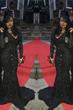 Charming Black Sequins Long Sleeves Deep-V-Neck Alluring Prom Dresses