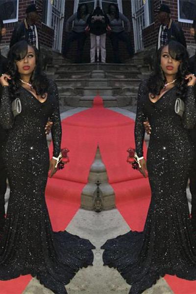 Charming Black Sequins Long Sleeves Deep-V-Neck Alluring Prom Dresses