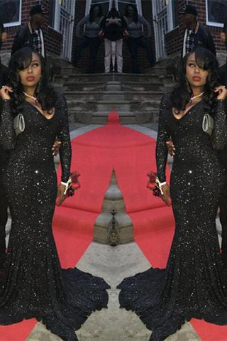 Vestidos de fiesta seductores con lentejuelas negras, mangas largas y escote en V profundo.