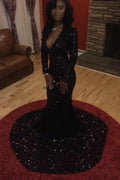 Charming Black Sequins Long Sleeves Deep-V-Neck Alluring Prom Dresses
