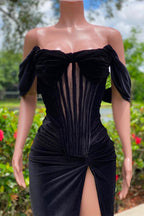 Charming Black Velvet Off-The-Shoulder Mermaid Sleeveless Prom Dress With Slit