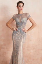 Charming Cap Sleeve Beading Mermaid Prom Dress Crew Neck Evening Party Gown
