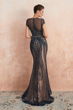 Charming Cap Sleeve Beading Mermaid Prom Dress Crew Neck Evening Party Gown