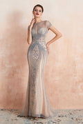 Charming Cap Sleeve Beading Mermaid Prom Dress Crew Neck Evening Party Gown