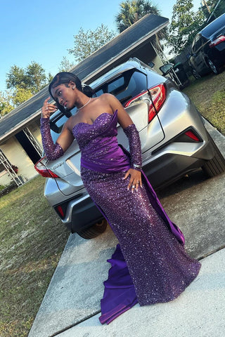 Encantador vestido de fiesta morado sin mangas, corte columna, de satén, con escote corazón y cola de lentejuelas