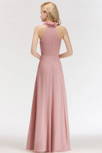 Vestido largo de noche corte A, encantador, sin mangas, de gasa con volantes y escote halter, para damas de honor.