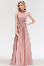 Vestido largo de noche corte A, encantador, sin mangas, de gasa con volantes y escote halter, para damas de honor.