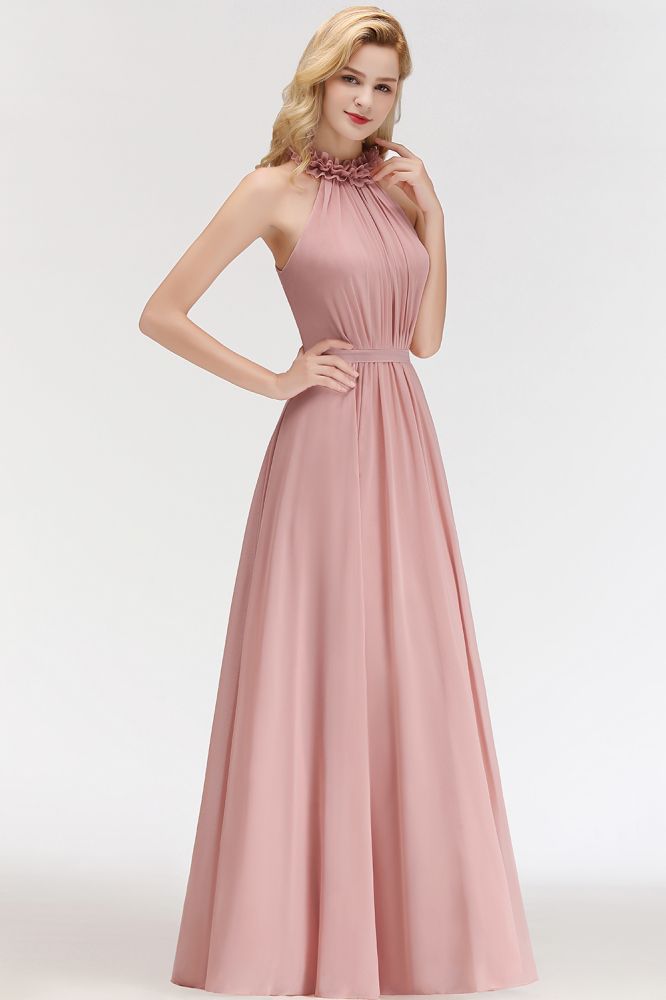 Vestido largo de noche corte A, encantador, sin mangas, de gasa con volantes y escote halter, para damas de honor.