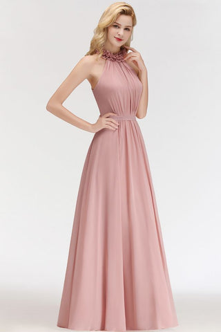 Charming Halter Sleeveless Ruffled Chiffon Bridesmaid Dresses Aline Evening Maxi Gown
