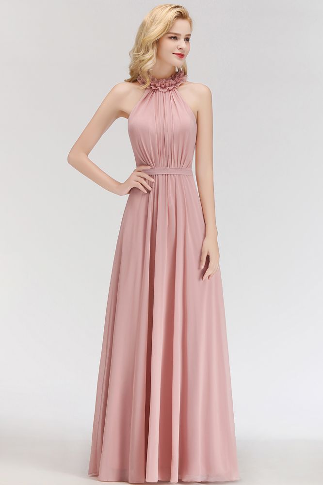 Vestido largo de noche corte A, encantador, sin mangas, de gasa con volantes y escote halter, para damas de honor.