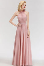 Vestido largo de noche corte A, encantador, sin mangas, de gasa con volantes y escote halter, para damas de honor.
