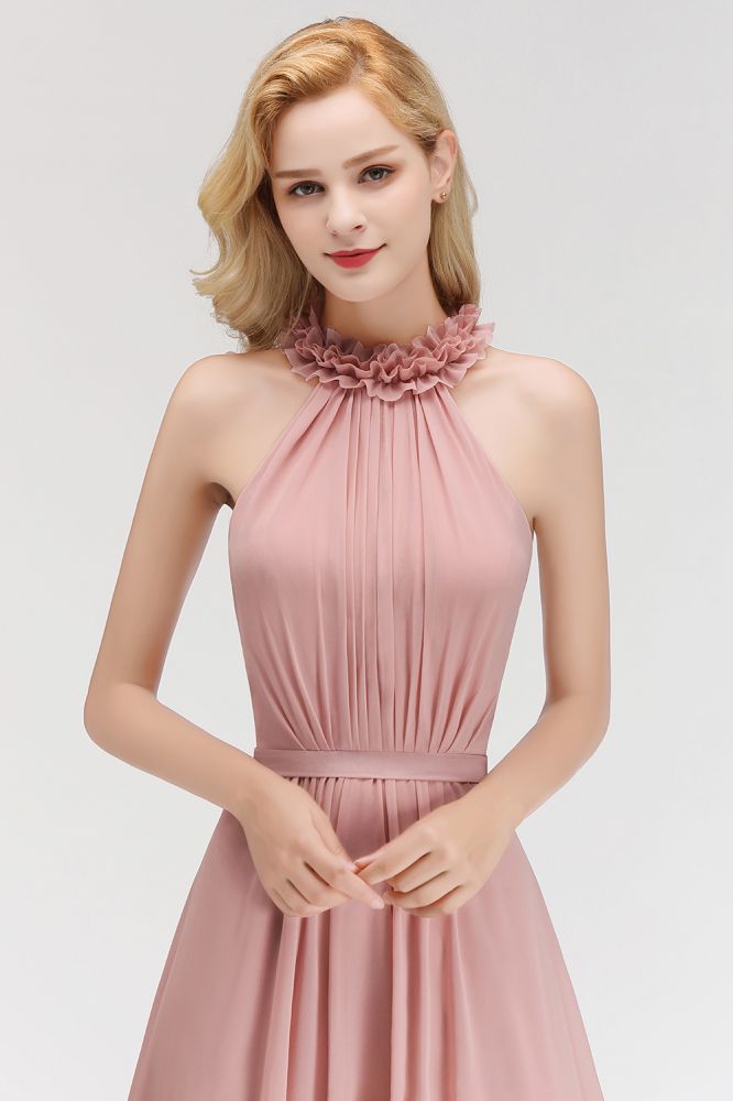 Vestido largo de noche corte A, encantador, sin mangas, de gasa con volantes y escote halter, para damas de honor.