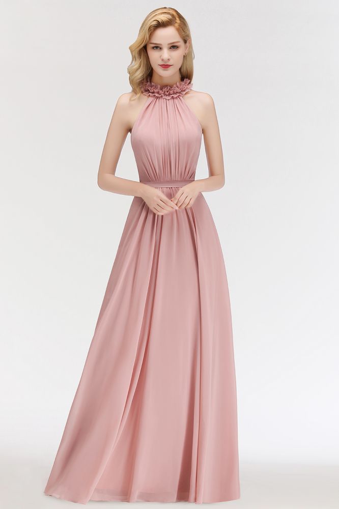 Vestido largo de noche corte A, encantador, sin mangas, de gasa con volantes y escote halter, para damas de honor.