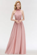 Vestido largo de noche corte A, encantador, sin mangas, de gasa con volantes y escote halter, para damas de honor.