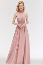 Vestido largo de noche corte A, encantador, sin mangas, de gasa con volantes y escote halter, para damas de honor.