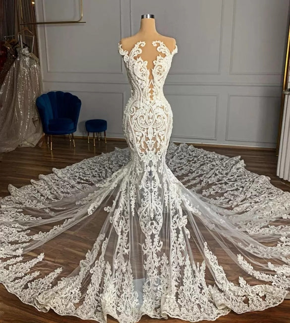 Robe de mariée sirène sans manches en tulle avec appliques, style jardin de bijoux