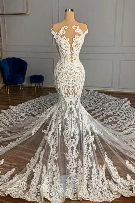 Robe de mariée sirène sans manches en tulle avec appliques, style jardin de bijoux