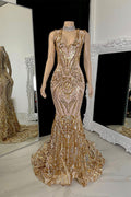 Charming Long Mermaid V-neck Sleeveless Prom Dress With Applique
