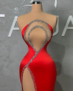 Charming Long Red Mermaid Beading Sleeveless Evening Party Gowns Long Slit Online