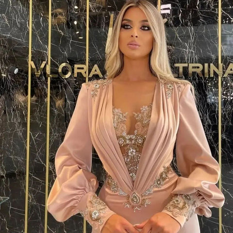 Encantadores vestidos de noche de sirena de manga larga con apliques