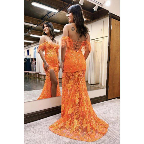 Encantadores vestidos de fiesta largos de sirena con hombros descubiertos y encaje con lentejuelas color lavanda