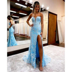 Charming Mermaid Sweetheart ligth Blue Sparkly Lace Long Prom Dresses with Sleeves