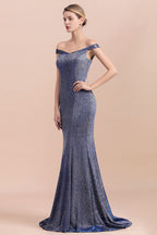 Robe de soirée longue sirène en soie brillante, charmante, épaules dénudées, coupe ajustée, idéale pour un bal de promo.