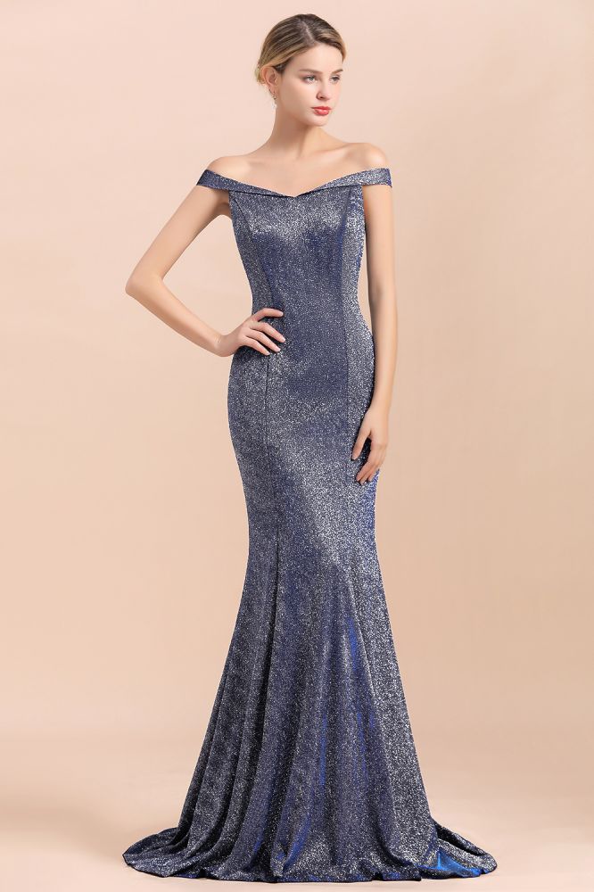 Robe de soirée longue sirène en soie brillante, charmante, épaules dénudées, coupe ajustée, idéale pour un bal de promo.