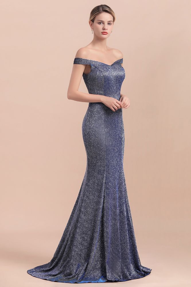 Robe de soirée longue sirène en soie brillante, charmante, épaules dénudées, coupe ajustée, idéale pour un bal de promo.