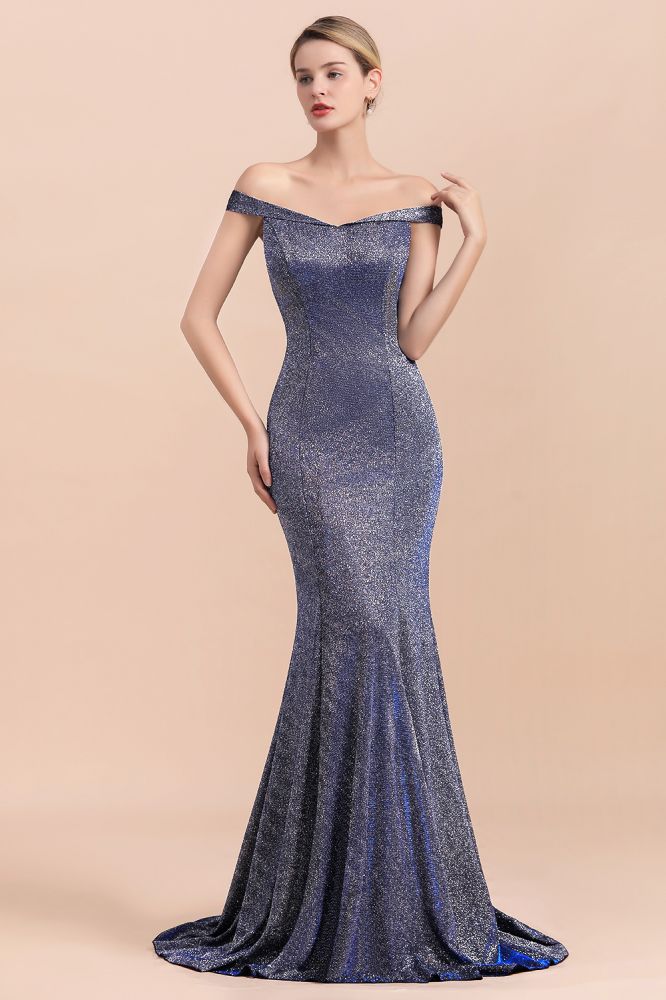 Robe de soirée longue sirène en soie brillante, charmante, épaules dénudées, coupe ajustée, idéale pour un bal de promo.