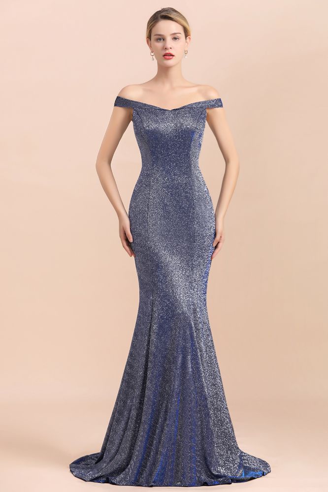 Robe de soirée longue sirène en soie brillante, charmante, épaules dénudées, coupe ajustée, idéale pour un bal de promo.