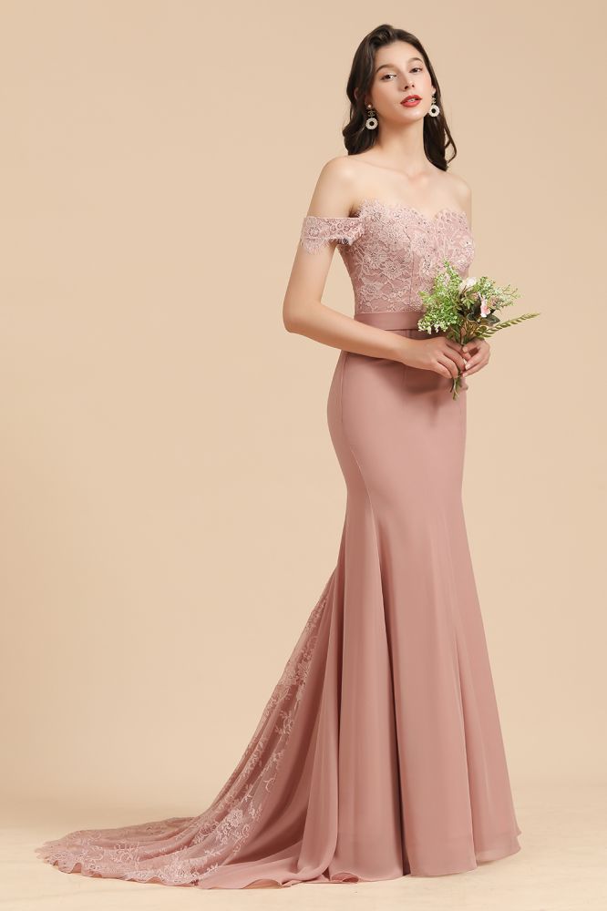 Vestido de fiesta de sirena de encaje con hombros descubiertos, encantador, vestido de dama de honor ajustado