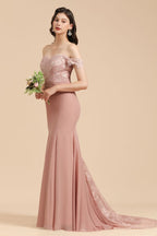 Vestido de fiesta de sirena de encaje con hombros descubiertos, encantador, vestido de dama de honor ajustado
