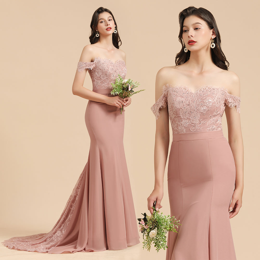 Vestido de fiesta de sirena de encaje con hombros descubiertos, encantador, vestido de dama de honor ajustado