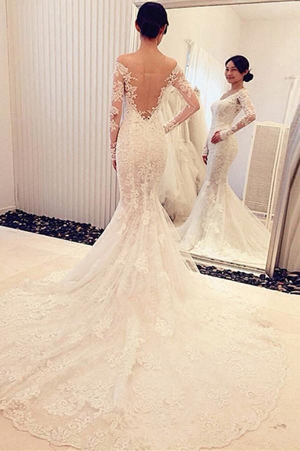 Robe de mariée sirène en dentelle à manches longues et épaules dénudées, modèle WD018