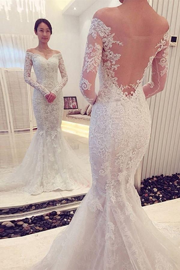 Robe de mariée sirène en dentelle à manches longues et épaules dénudées, modèle WD018
