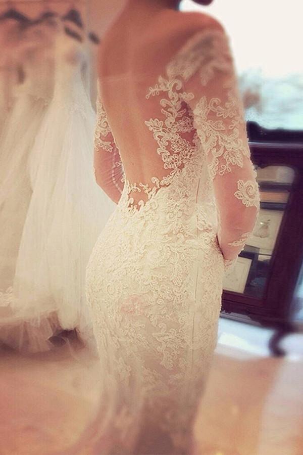Robe de mariée sirène en dentelle à manches longues et épaules dénudées, modèle WD018